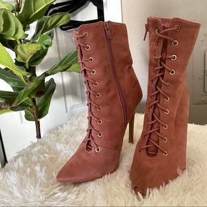 PINK SUEDE LACE UP BOOTS